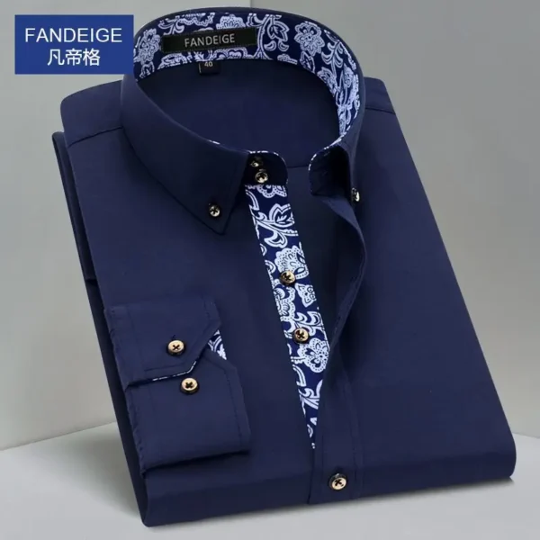 Blue and White Men's Dress Collar Shirt Long Sleeve Solid Color Printing Casual Business Slim Fit Cotton Shirts Anti-Wrinkle - Image 4