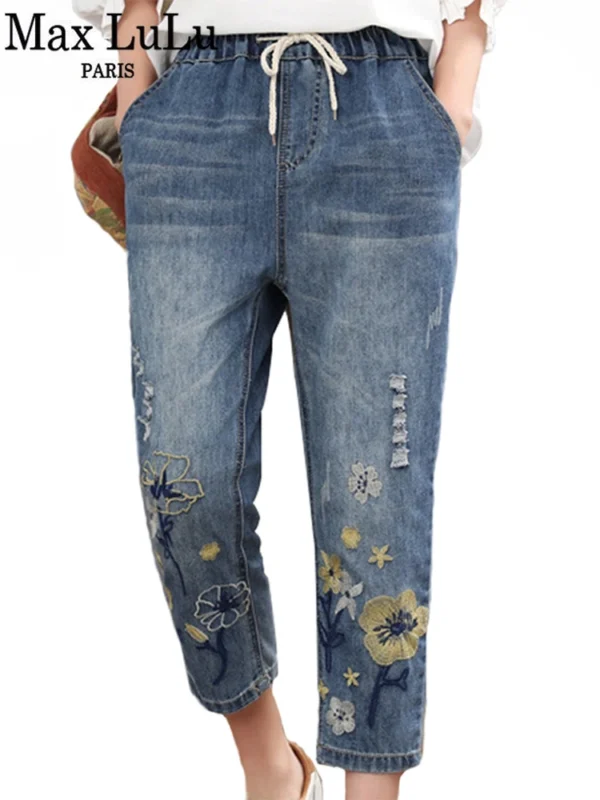 Max LuLu 2023 Chinese Autumn Fashion Style Ladies Vintage Embroidery Jeans Women Casual Floral Denim Trousers Ripped Harem Pants