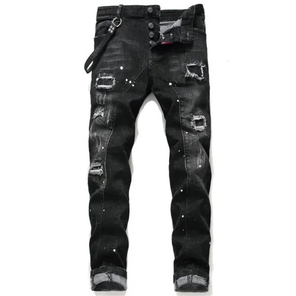 New Men's Tight Skinny Small Foot Jeans With Broken Holes And Elastic Paint Splash Black Panel Beggar Pants