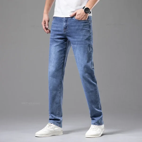 Summer Thin Men's Elastic Cotton Jeans Fashion Gray Comfortable Business Straight Casual Pants Brand Male Clothes Trousers - Image 3