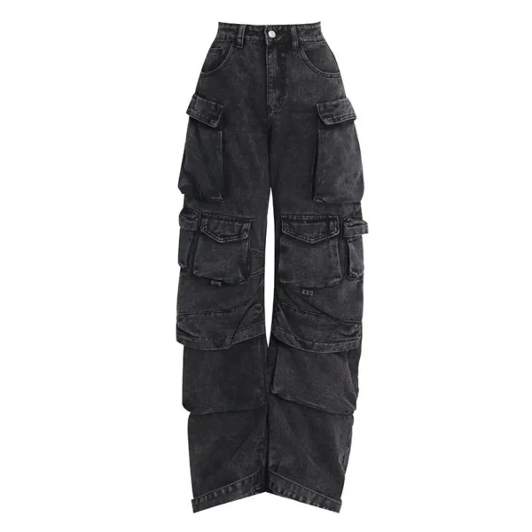 Trendy Women's Denim Workwear | Street Style Black & Grey Multi-Pocket Jeans | American Casual High-Waist Functional Design - Image 2