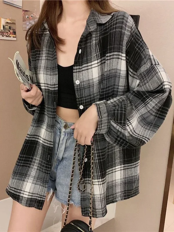 Plaid Shirt Women Autumn Long Sleeve Top Female Vintage Fashion Single Breasted Blouse Ladies Preppy Style Loose Check Shirts - Image 3