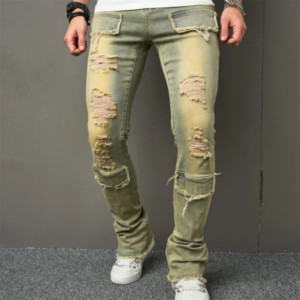 Vintage Style Men Streetwear Holes Spliced Slim Jeans Trousers Hip hop Stylish Distressed Stretch Denim Pants For Male