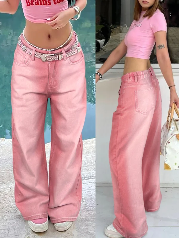 Women's pink plain straight leg jeans, street style wide leg jeans, suitable for casual everyday wear, women's jeans and clothin