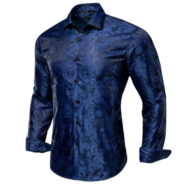 Hi-Tie Mens Shirts Silk Paisley Navy Blue Pink Black White Green Long Sleeve Lapel Shirt Casual Formal for Male Wedding Business - Image 3