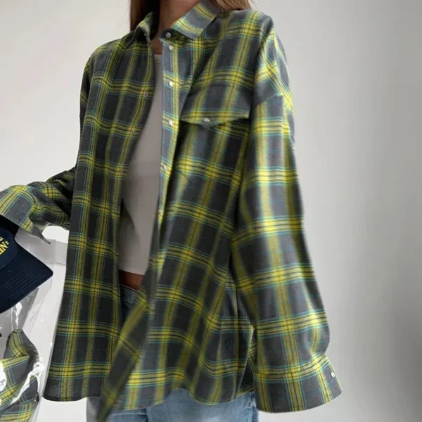 New Vintage Women Oversized Long Sleeve Plaid Shirt Blouse Tops Autumn Winter Button Down Loose Lapel Pocket Shirt Korean Style - Image 4