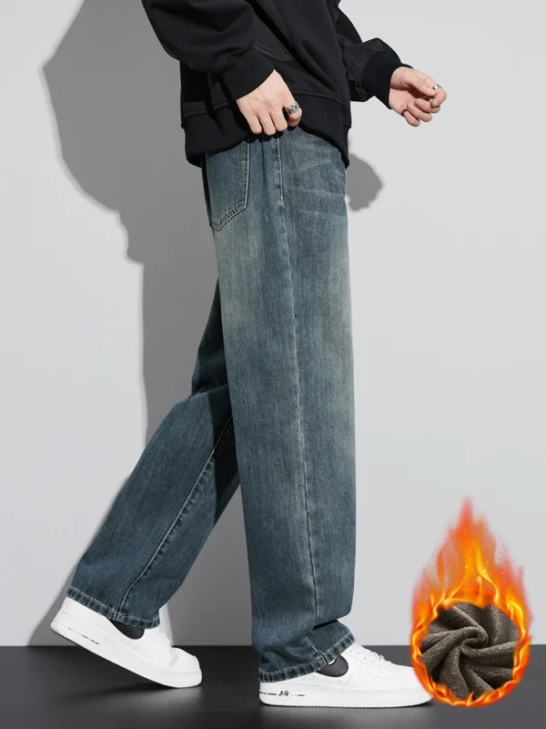 Fleece Baggy Straight Jeans Men Winter New Classic Vintage Blue Wide Leg Denim Pants Fashion Korean Thickened Warm Male Trousers - Image 5