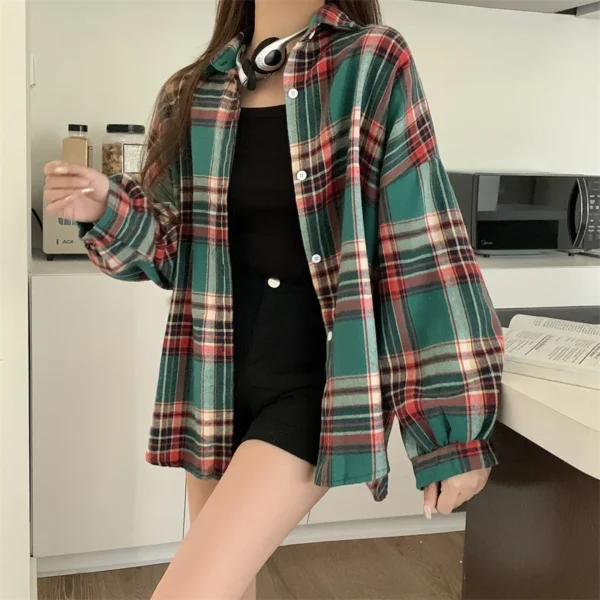 Plaid Shirt Women Autumn Long Sleeve Top Female Vintage Fashion Single Breasted Blouse Ladies Preppy Style Loose Check Shirts - Image 5