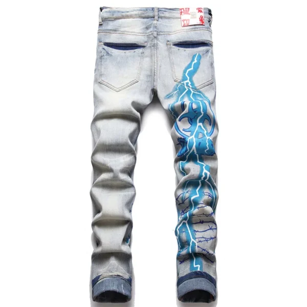 Men Print Jeans Streetwear Letters Lightning Painted Stretch Denim Pants Vintage Blue Ripped Buttons Fly Slim Tapered Trousers - Image 2