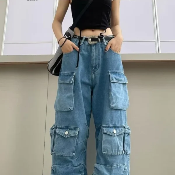 Trendy Women's Denim Workwear | Street Style Black & Grey Multi-Pocket Jeans | American Casual High-Waist Functional Design - Image 3