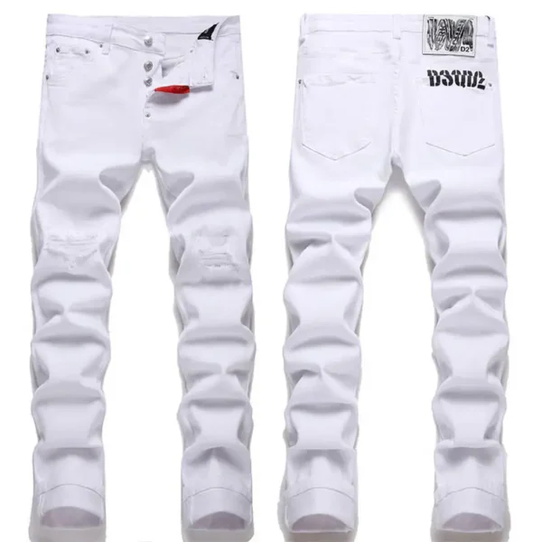 2025 new European and American pure white men's jeans slim fit elastic men's jeans