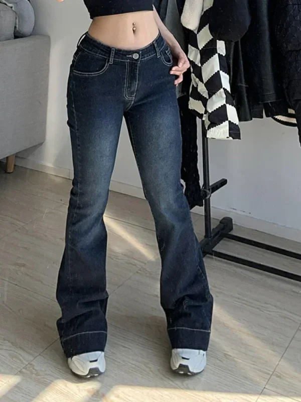 Kalevest Y2K High Street Low Rise Jeans Blue Women Pants Bootcut Pockets Jeans Streetwear Low Waist Jeans Wide Leg Pants - Image 2