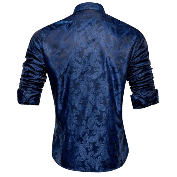 Hi-Tie Mens Shirts Silk Paisley Navy Blue Pink Black White Green Long Sleeve Lapel Shirt Casual Formal for Male Wedding Business - Image 2