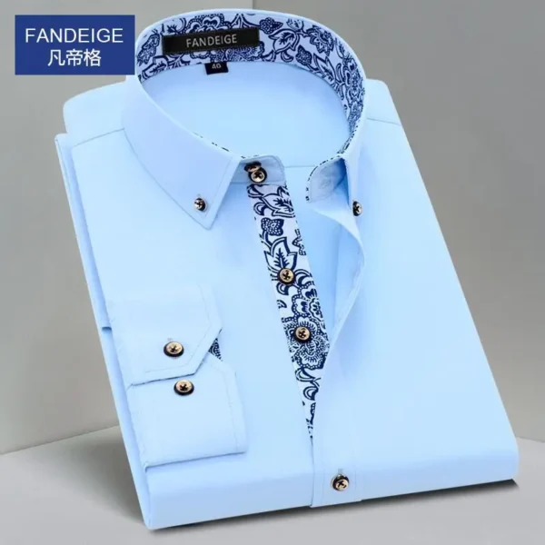 Blue and White Men's Dress Collar Shirt Long Sleeve Solid Color Printing Casual Business Slim Fit Cotton Shirts Anti-Wrinkle - Image 2