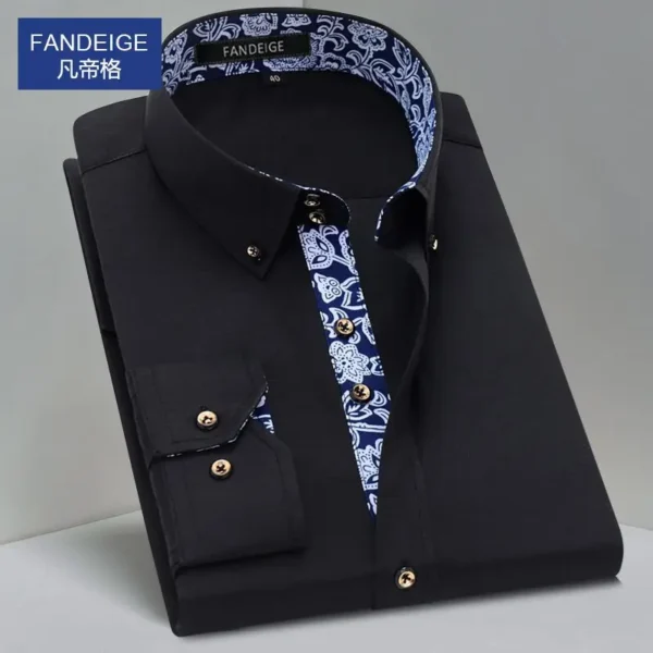 Blue and White Men's Dress Collar Shirt Long Sleeve Solid Color Printing Casual Business Slim Fit Cotton Shirts Anti-Wrinkle - Image 5