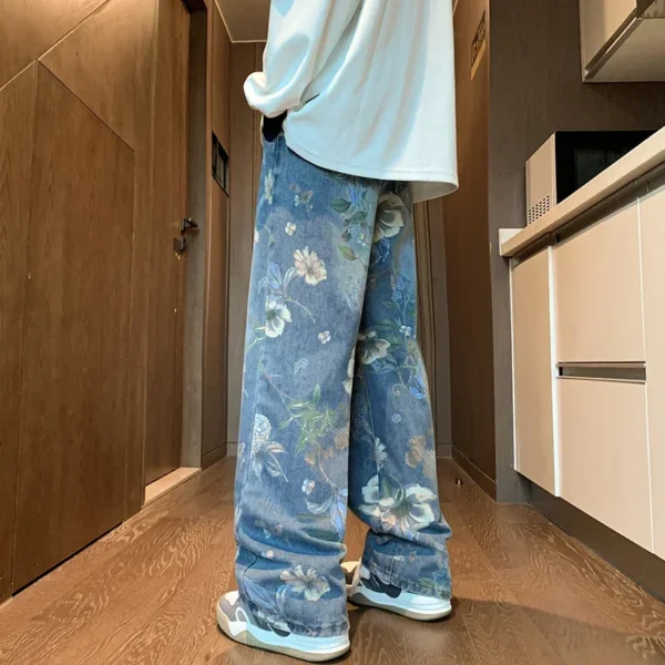 Autumn Floral Printed Jeans For Men 2024 New Y2K Vintage Denim Pants Hip Hop Fashion Wide-leg Baggy Jean Streetwear Trousers - Image 5