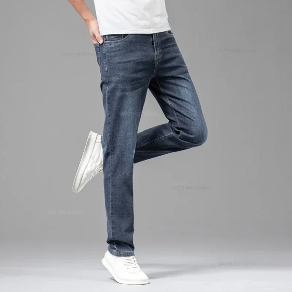 Summer Thin Men's Elastic Cotton Jeans Fashion Gray Comfortable Business Straight Casual Pants Brand Male Clothes Trousers - Image 5